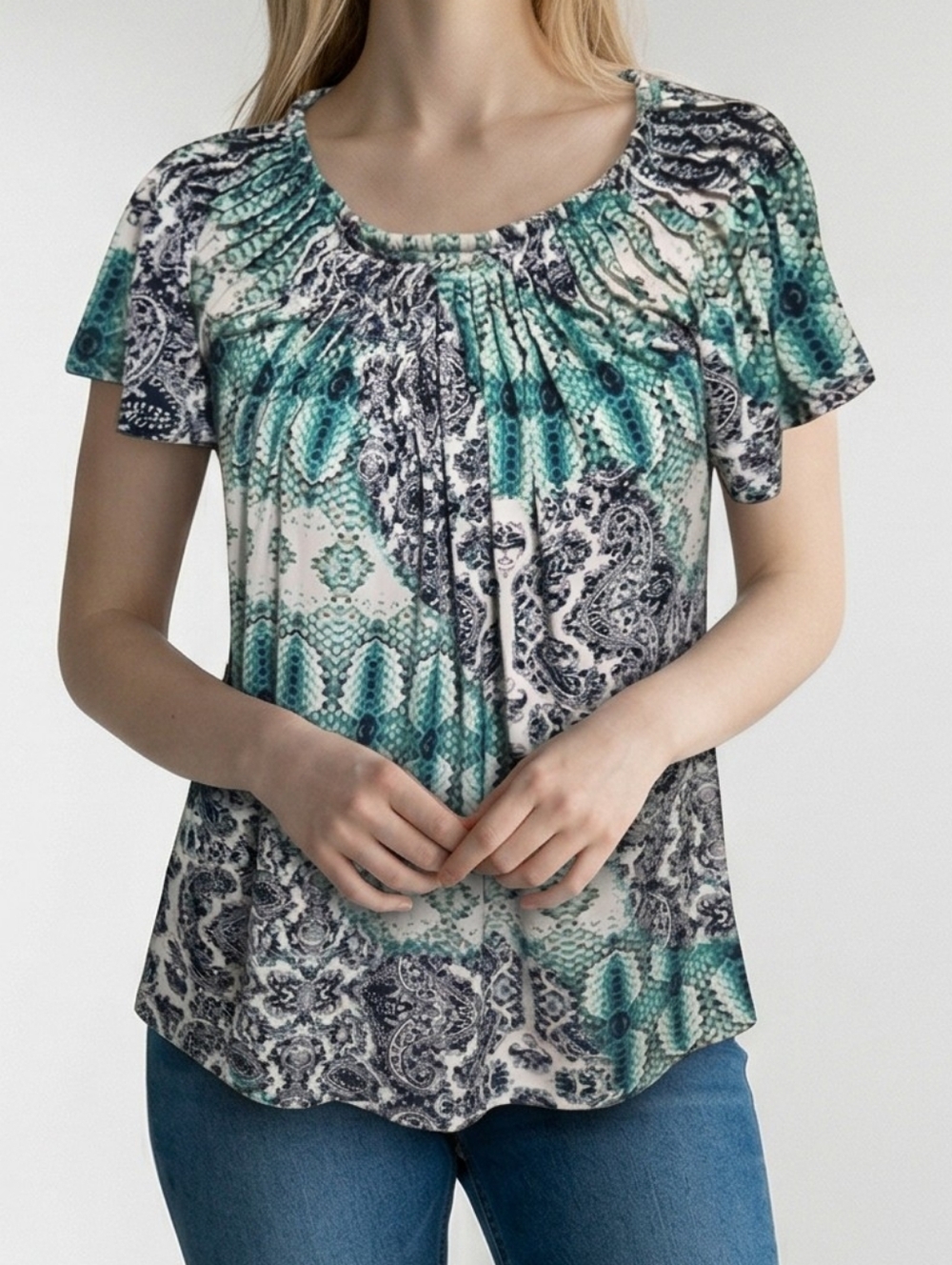 Style & Co. Green and White Patterned Blouse